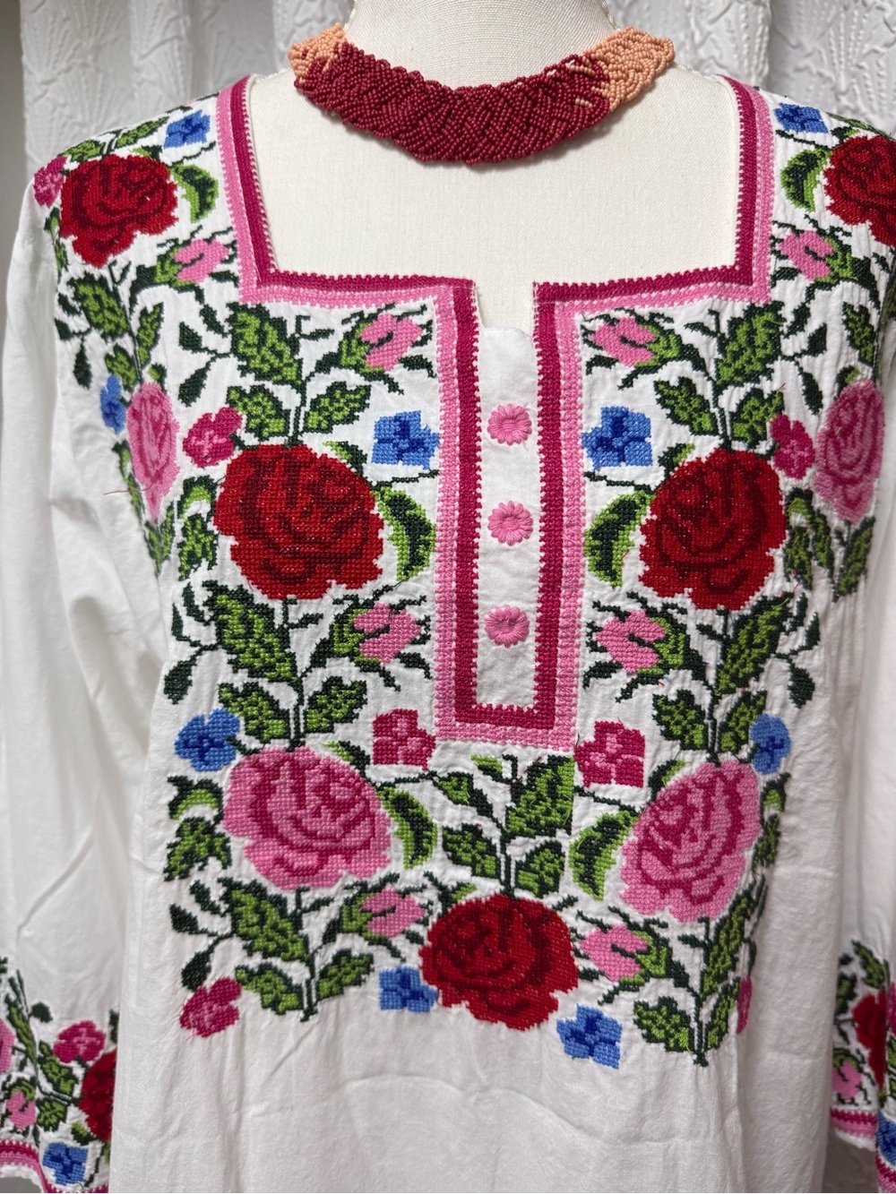 Embroidered Floral Cotton Tunic - White with Pink & Red Roses